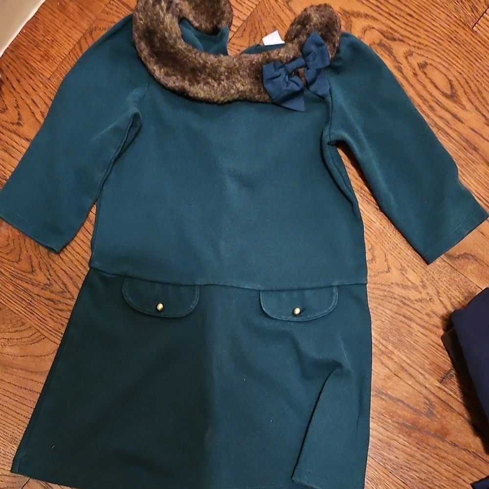 Elegant Teal Dress with Faux Fur Collar